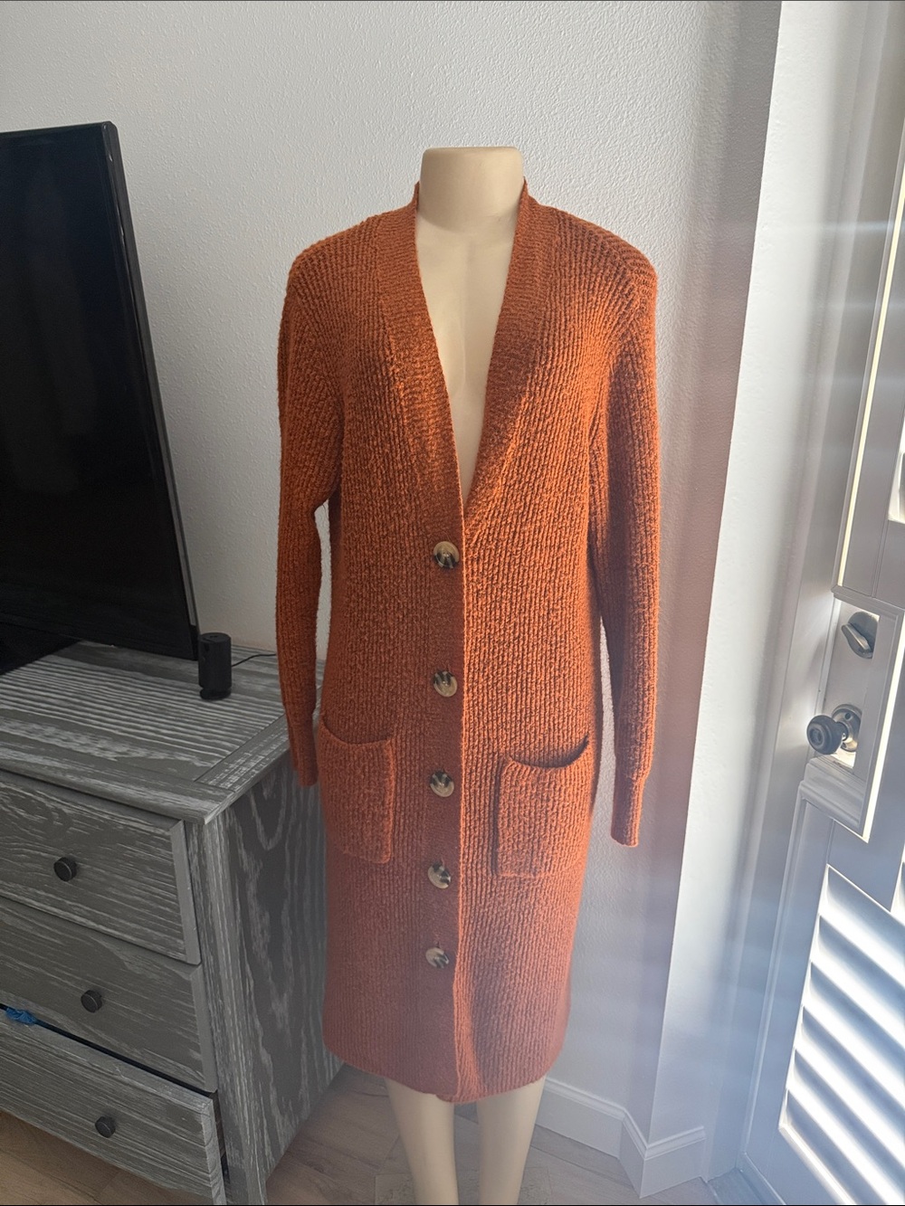 Long Open-Front Knit Cardigan Coatigan in Rust
